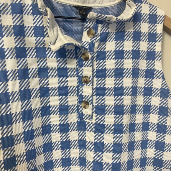 Ann Taylor Plaid Ruffle Neck Button Shell Top White Blue Checkered Sz M - Picture 5 of 10